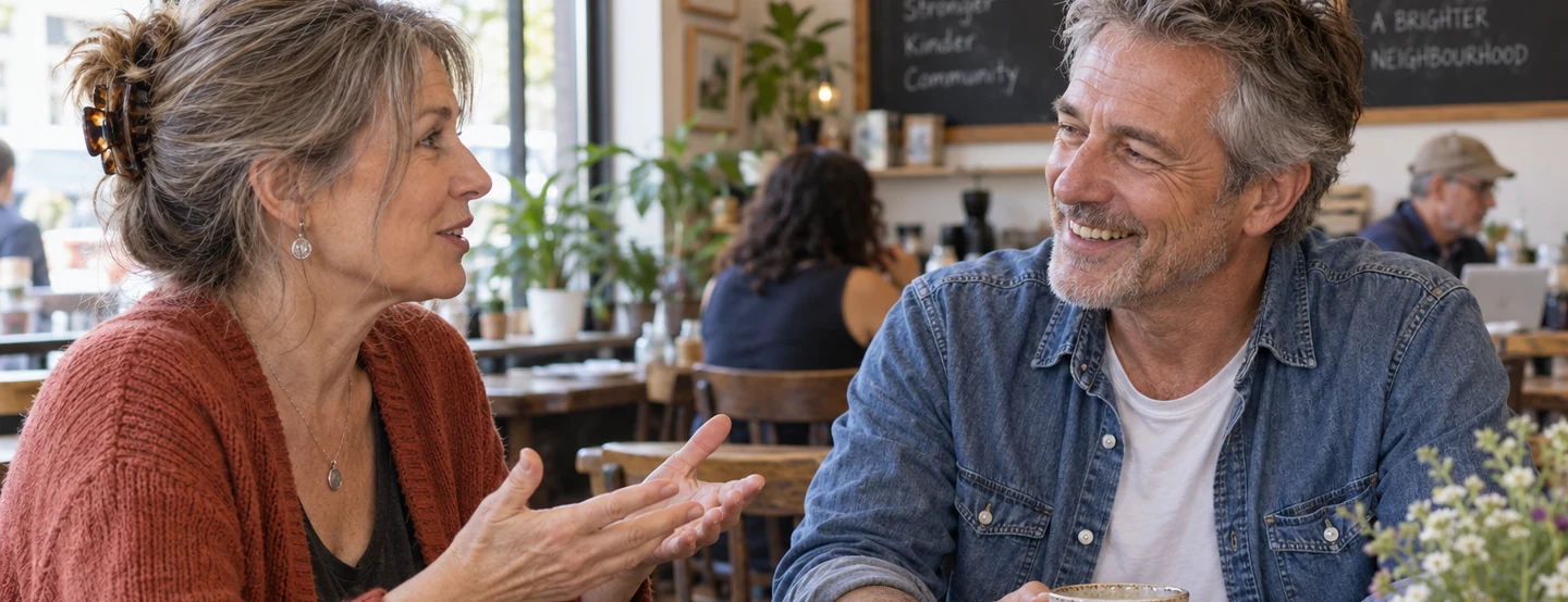 Mature couple having an intimate, quiet conversation in a relaxed cafe corner