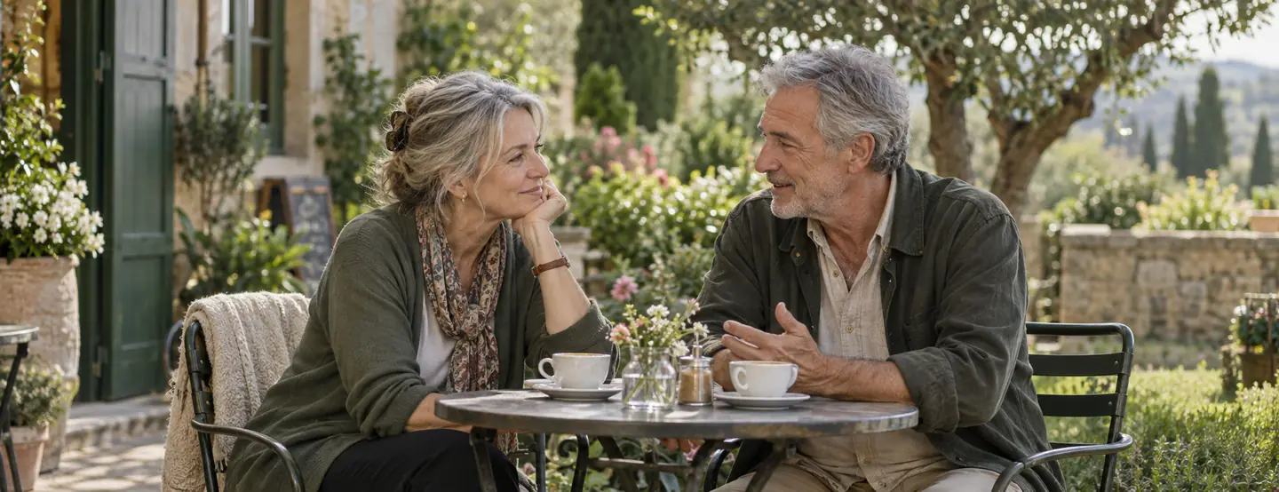 An older woman and man enjoying a conversation at an outdoor café table.