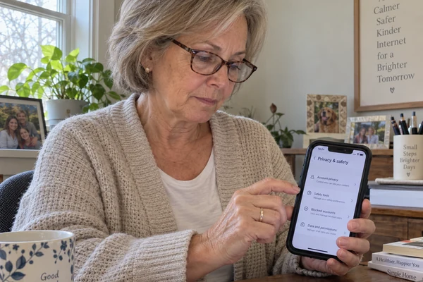 A mature person carefully reading messages on a tablet with a thoughtful expression.