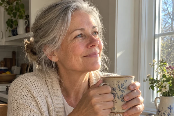 A mature person standing peacefully in a scenic outdoor garden reflecting on life.