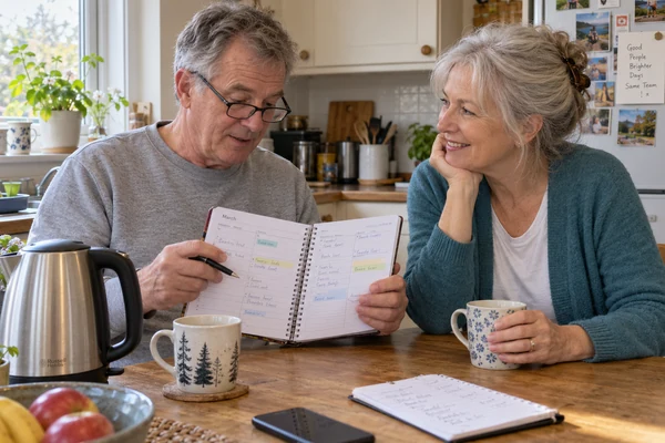 Two mature adults having coffee and reviewing paperwork at a quiet sunlit table.