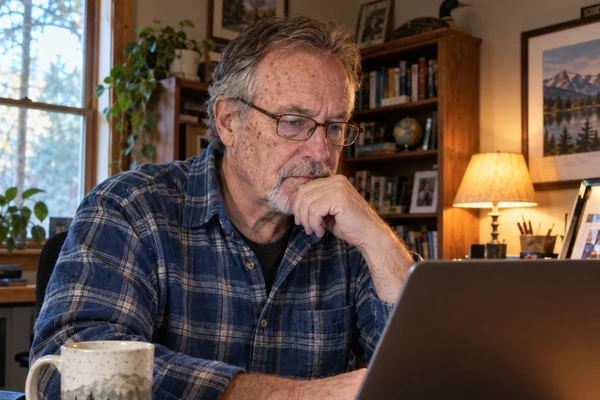A mature woman sitting in a sunlit study reviewing home documents calmly.