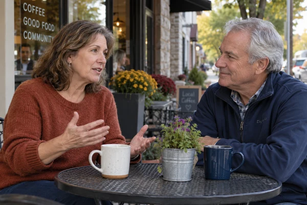 Two mature adults sitting comfortably on a porch enjoying a relaxed discussion.