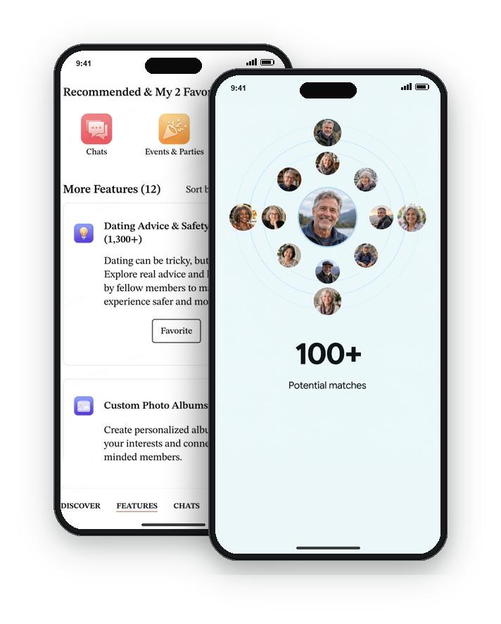 Find Senior Dating mobile app interface displayed on two modern smartphones, featuring Eleanor's profile card and member discovery filters.