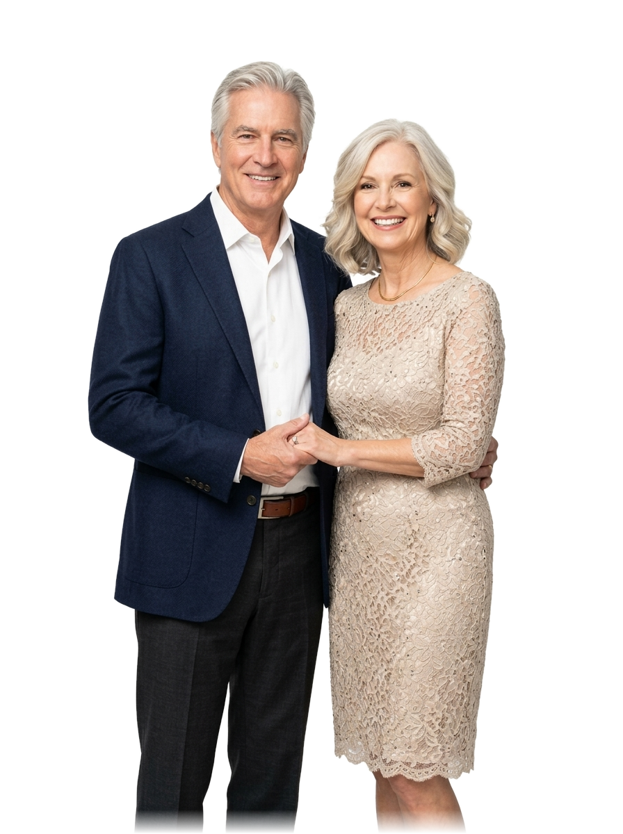 Senior couple standing together hand-in-hand, smiling outdoors.