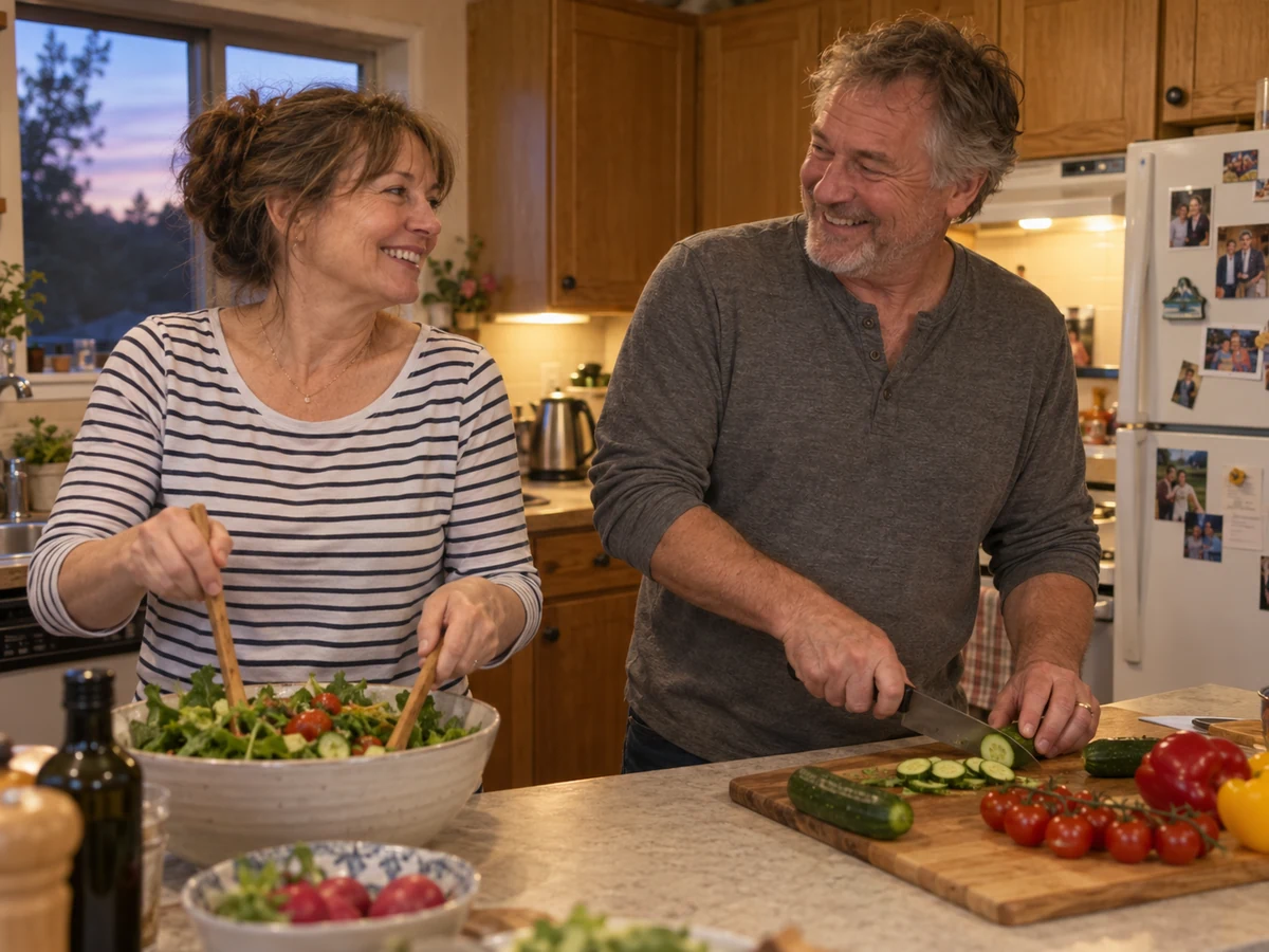 Mature couple enjoying morning tea in a bright, comfortable kitchen