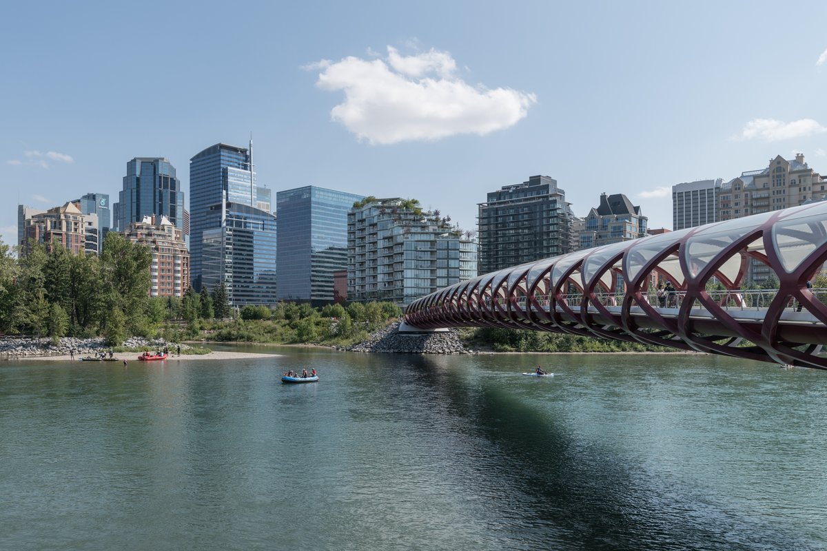 Peace Bridge pedestrian walkway crossing the Bow River in Calgary